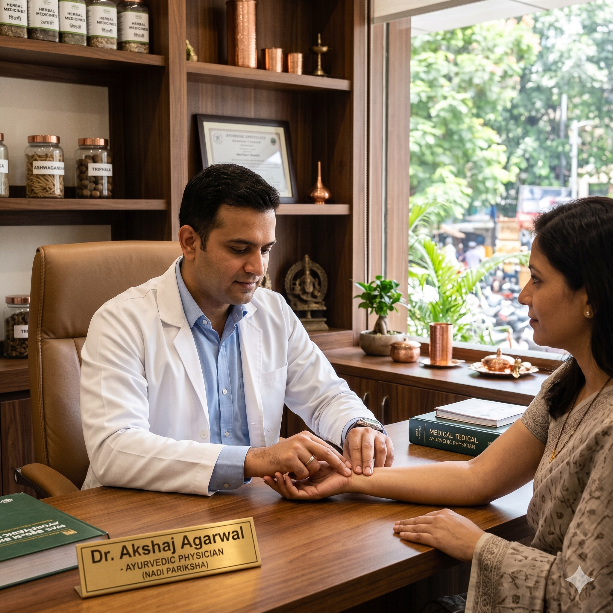 Dr. Akshaj Agarwal checking patient pulse in Bareilly clinic office