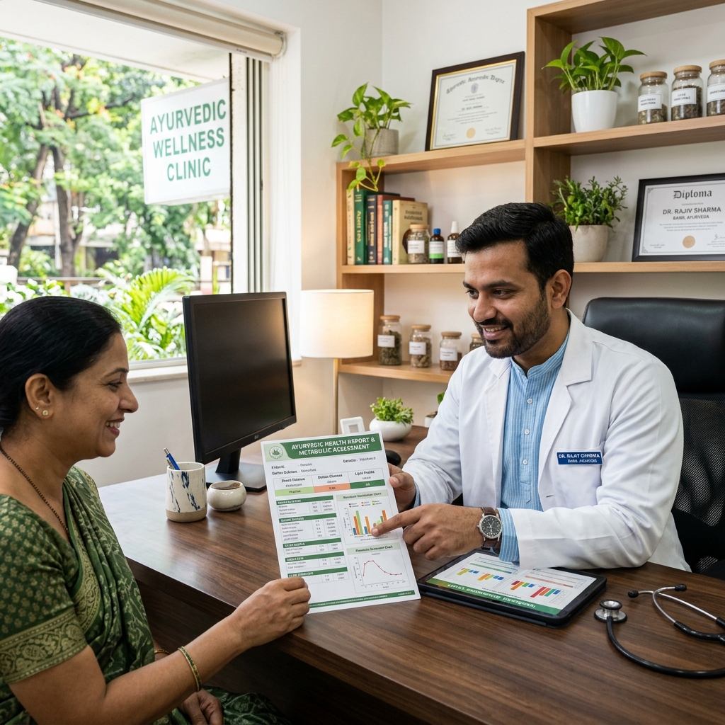 Dr Akshaj Agarwal explaining metabolic biomarkers to a patient in Bareilly clinic
