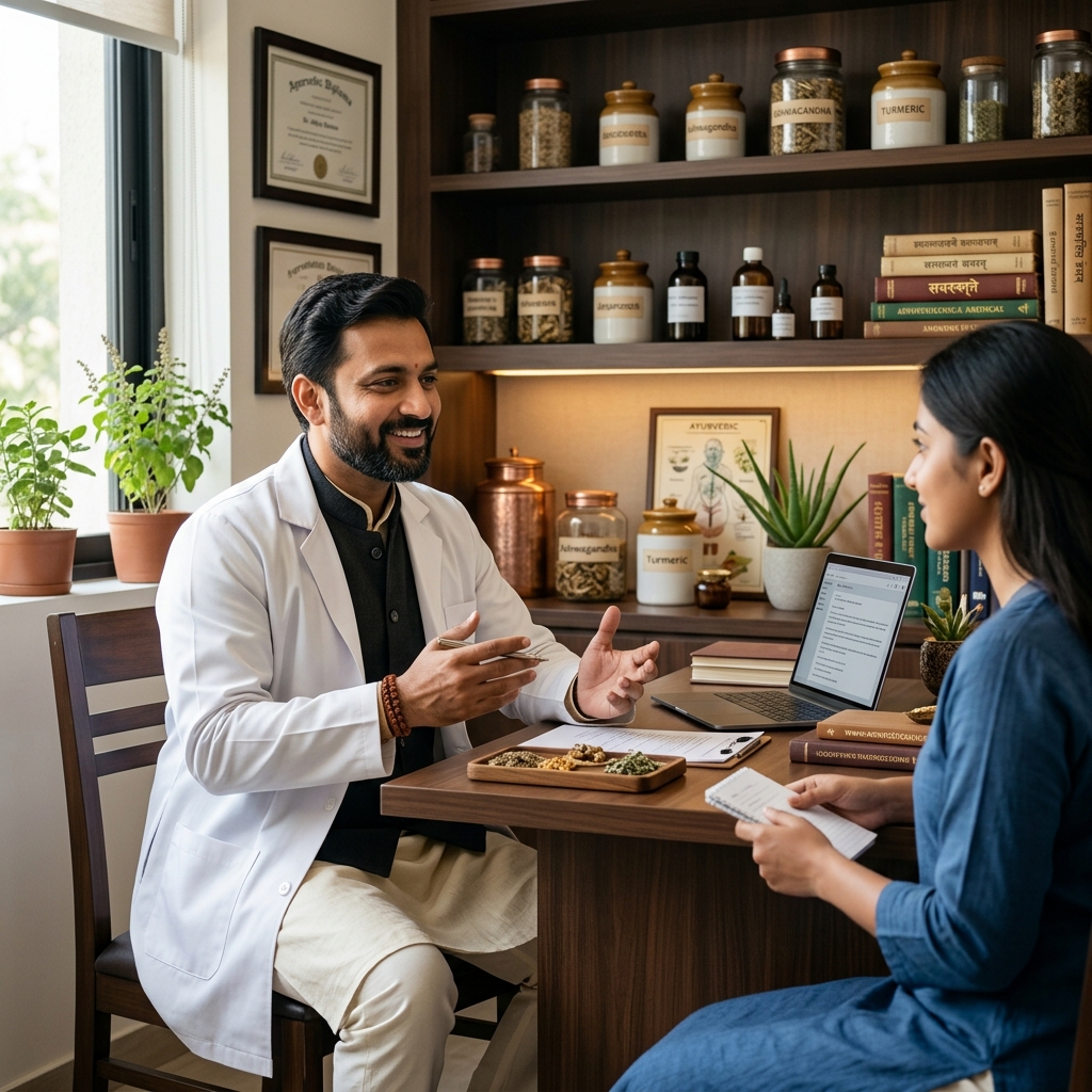 Ayurvedic doctor advising patient on diabetes management at Herbal Maart Bareilly